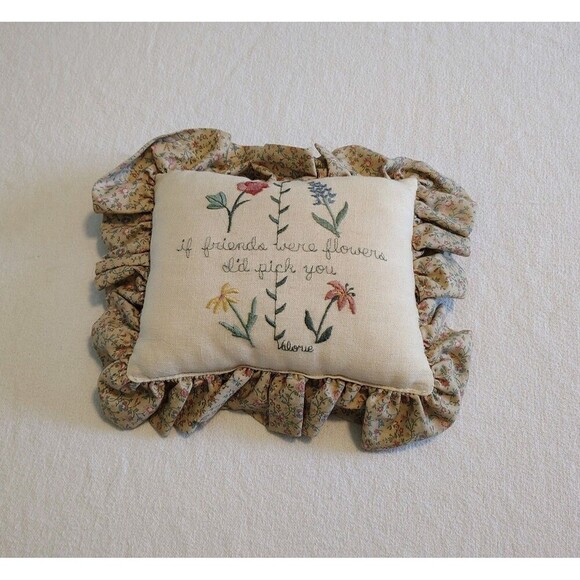 Vtg 90s Embroidered Ruffle FRIENDS Throw Pillow Cream Cottagecore Flowers Floral - Picture 1 of 5